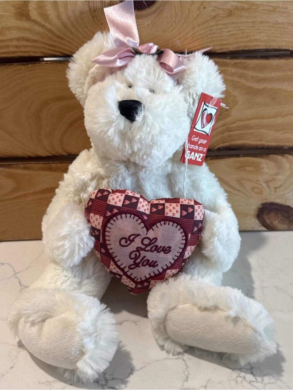 Ganz Message Teddy Bear White w/ Red Heart "I Love You" 12" Long